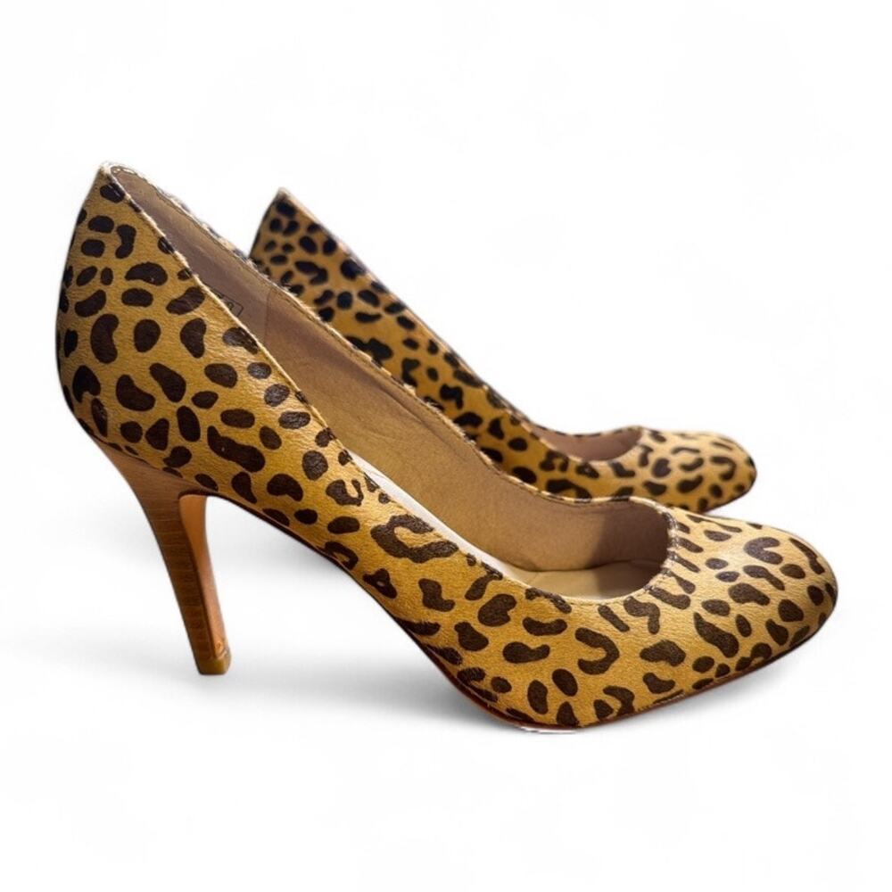 Lands' End Leather Calf Hair Leopard Animal Almond Toe Heels Shoes Pumps 7.5 Tan